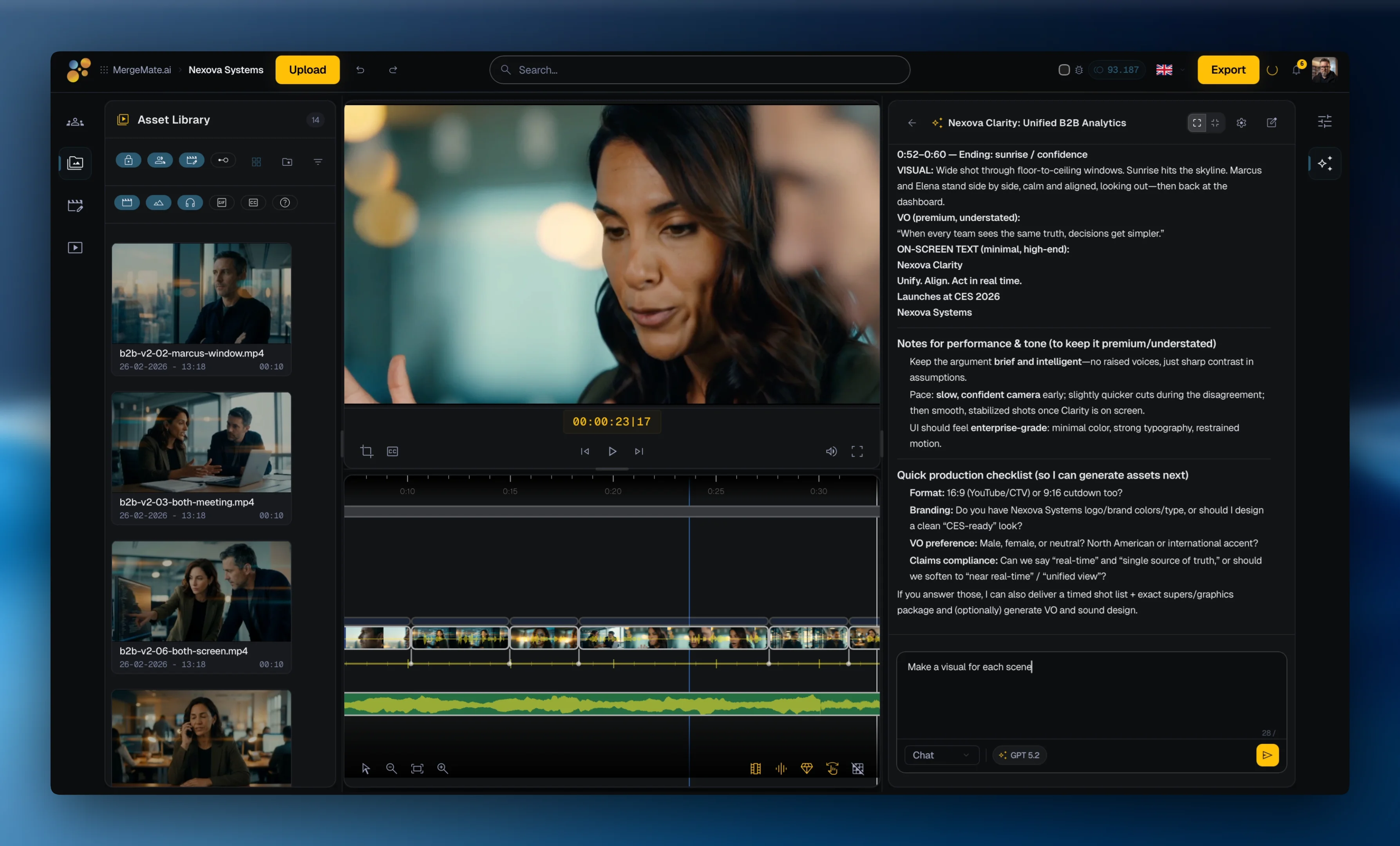 MergeMate.ai AI agent chat — generate multilingual voiceover from a conversation