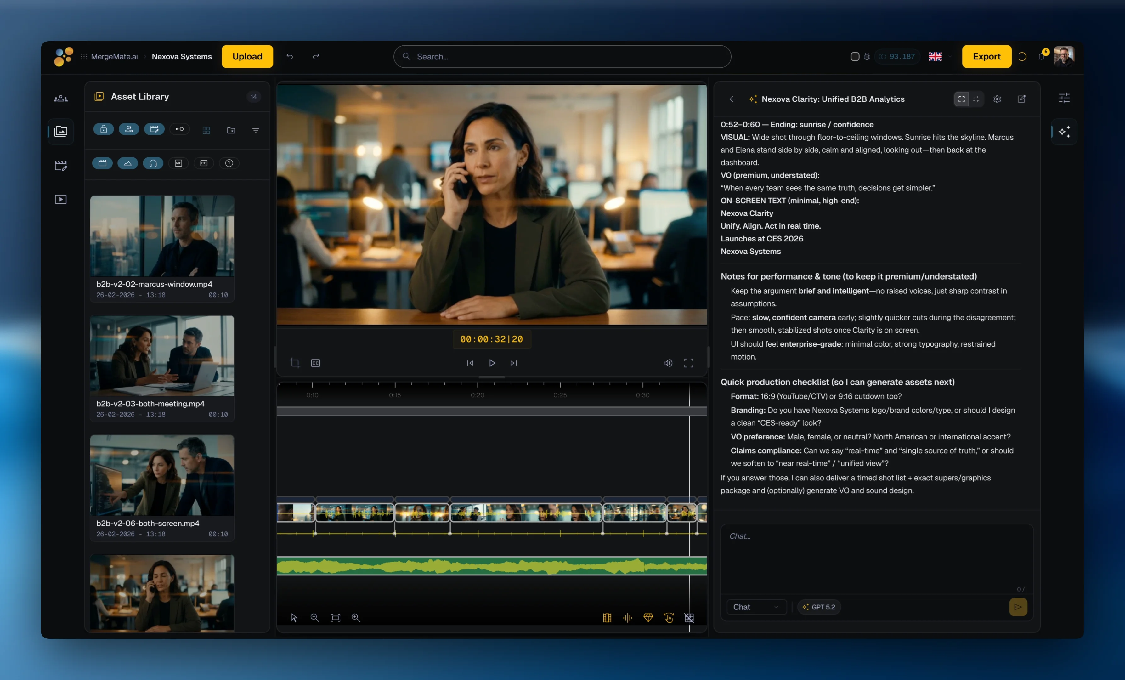 MergeMate.ai agentic video editing platform - timeline editor interface
